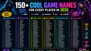 150+ cool game names infographic featuring stylish, futuristic, and legendary gamer name ideas for 2026