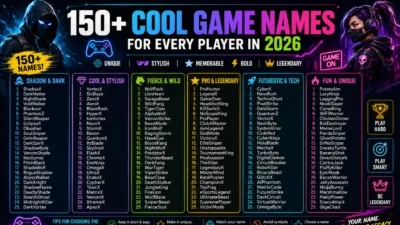 150+ cool game names infographic featuring stylish, futuristic, and legendary gamer name ideas for 2026