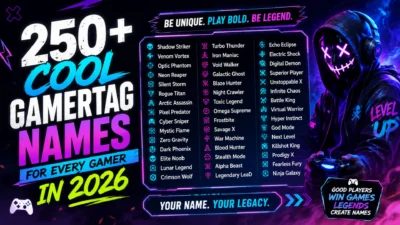 250+ cool gamertag names for every gamer in 2026 with a neon masked gamer and futuristic gaming-themed background
