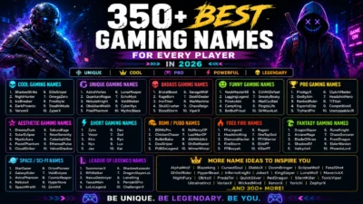 Neon gaming infographic with 350+ best gaming names for every player in 2026, including cool, funny, and pro gamer tags