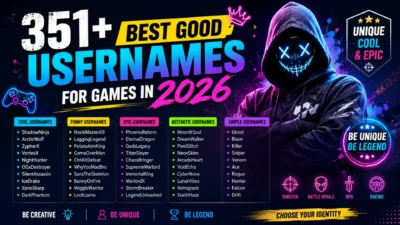 351+ best good usernames for games in 2026 with a neon gaming banner, masked gamer, and creative username categories