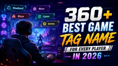 360+ best game tag names for every player in 2026 with a neon gaming setup, gamer, and creative username ideas