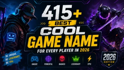415+ best cool game names for every player in 2026 with futuristic gaming characters and bold neon-themed design