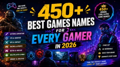 450+ best game names for every gamer in 2026 banner with neon gaming visuals and creative gamer name ideas