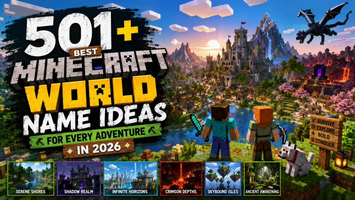 Minecraft world name ideas thumbnail featuring a fantasy castle, biomes, dragons, Steve and Alex in a vibrant 2026 adventure.