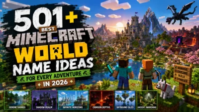 Minecraft world name ideas thumbnail featuring a fantasy castle, biomes, dragons, Steve and Alex in a vibrant 2026 adventure.