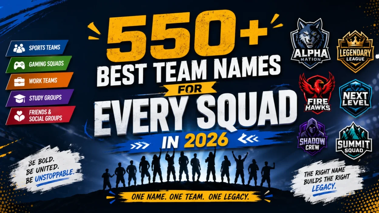 550+ Best Team Names for Every Squad in 2026 banner featuring sports, gaming, work, and social team branding ideas