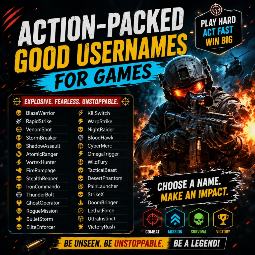 Action-packed good usernames for games with a tactical gamer, explosive background, and powerful gaming name ideas