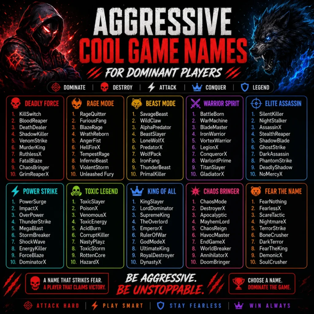 Aggressive cool game names infographic featuring fierce, dominant, and powerful gamer name ideas