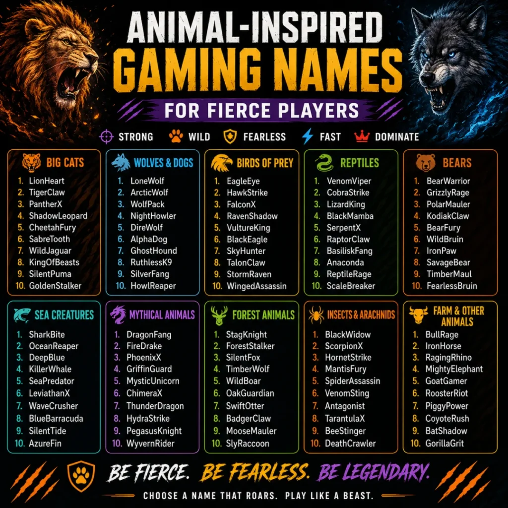 Animal-inspired gaming names infographic with fierce gamer tags based on lions, wolves, bears, and mythical creatures