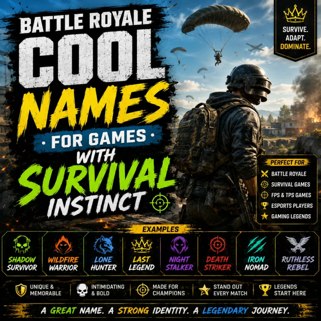 Battle royale cool names for games with survival instinct featuring tactical soldier and survival gaming usernames