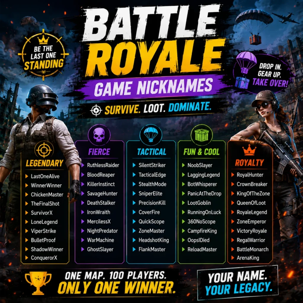 Battle Royale game nicknames with tactical gamer names, action characters, and competitive team name ideas