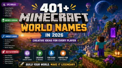 Minecraft world names banner featuring fantasy kingdoms, survival landscapes, sci-fi realms, and creative naming ideas for 2026