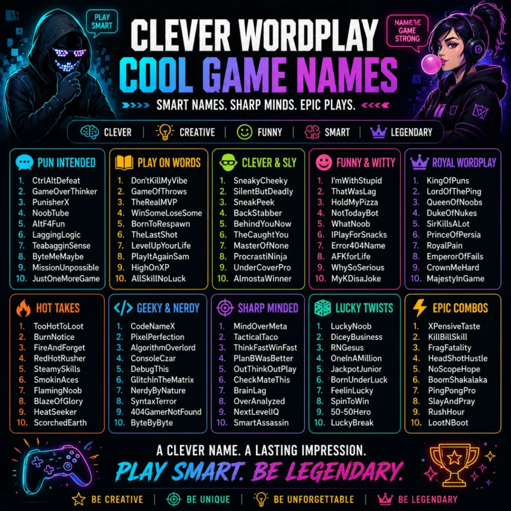 Clever wordplay cool game names infographic with witty, creative, and funny gamer name ideas