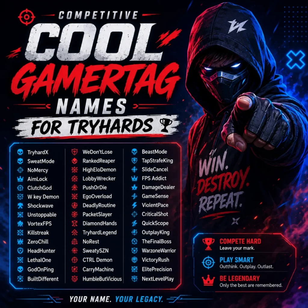 Competitive cool gamertag names for tryhards with a futuristic masked gamer and bold esports-inspired gaming design