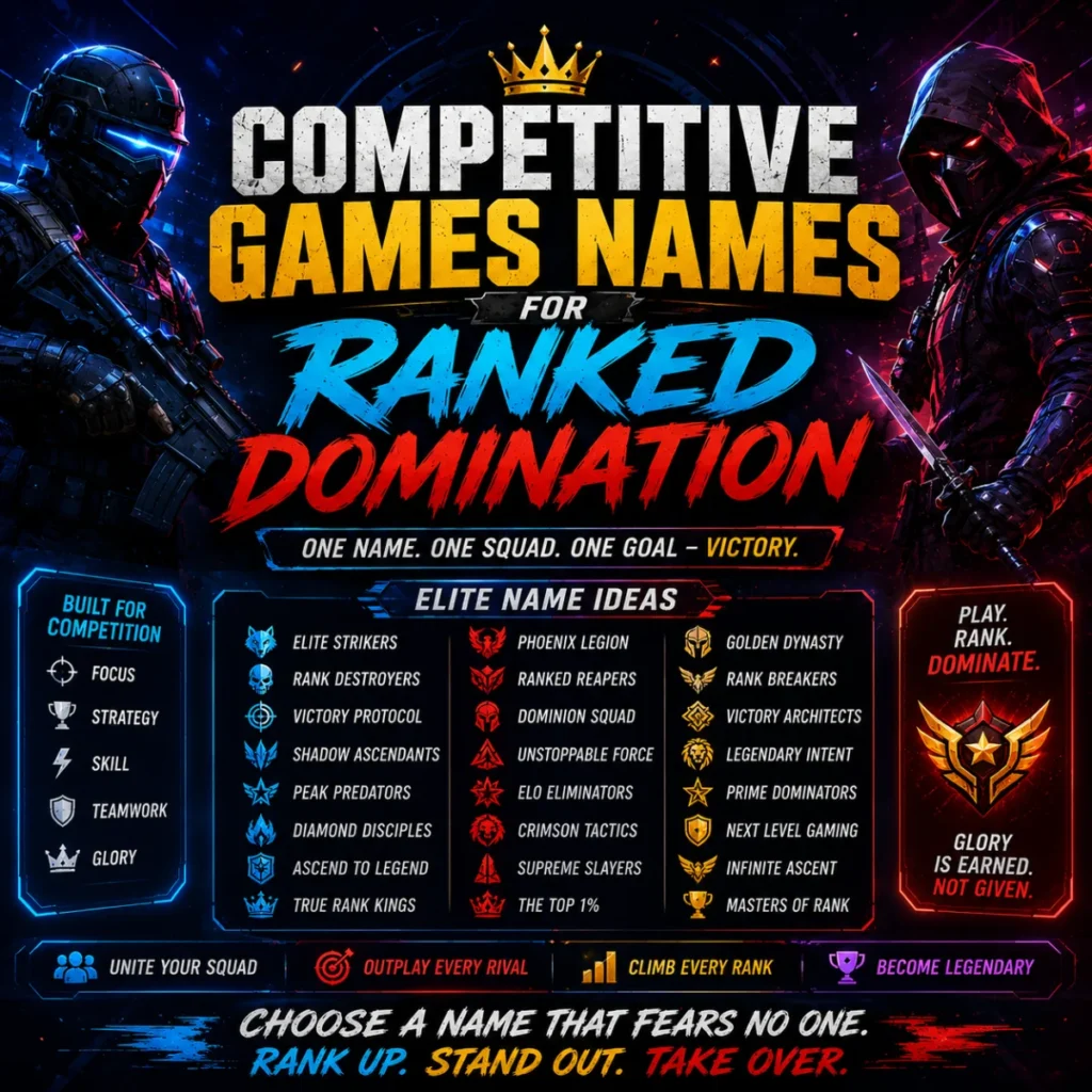 Competitive game names graphic for ranked domination with esports visuals and elite gaming name ideas