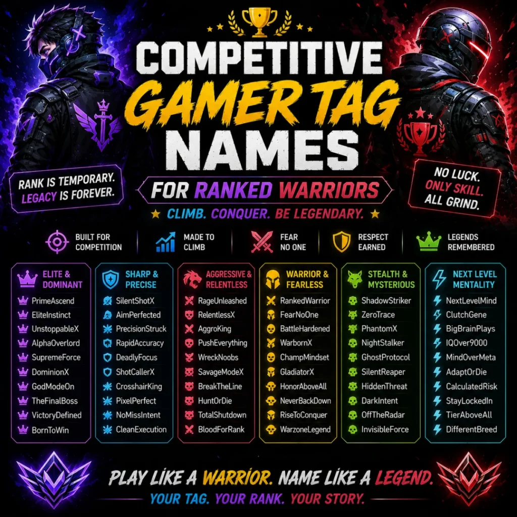 Competitive gamer tag names for ranked warriors with esports-inspired usernames and neon gaming artwork
