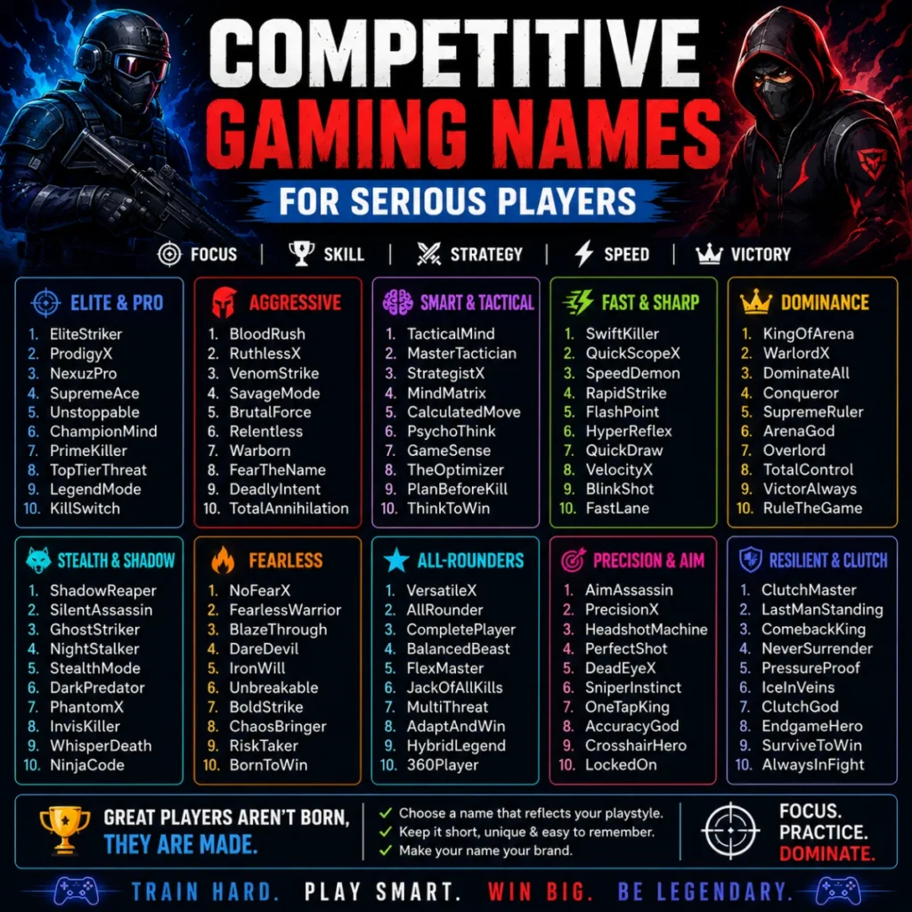 Competitive gaming names infographic featuring elite, tactical, and pro gamer tags for serious players