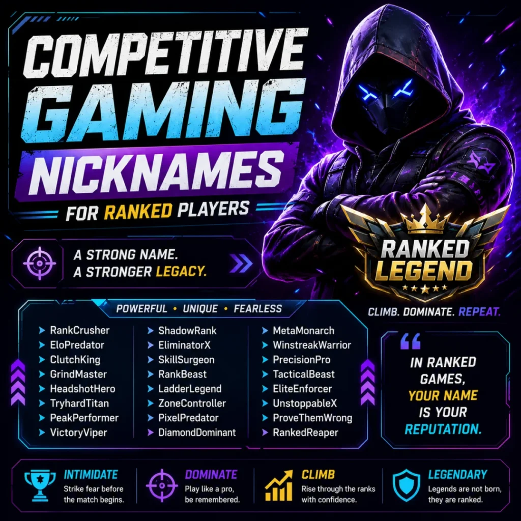 Competitive gaming nicknames for ranked players featuring powerful, unique, and legendary gamer name ideas