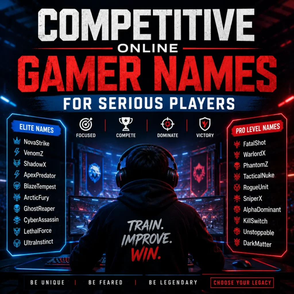 Competitive online gamer names for serious players with esports setup, pro gaming theme, and powerful username ideas