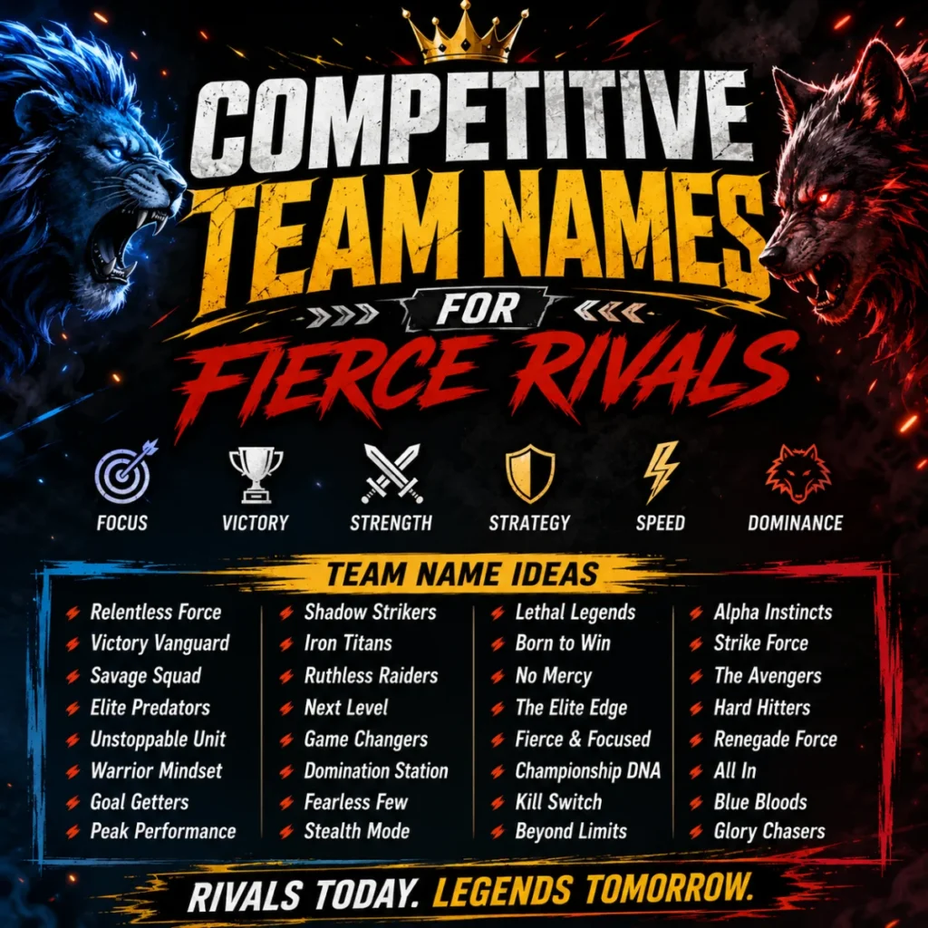 Competitive team names graphic with fierce lion and wolf artwork, bold typography, and powerful squad name ideas