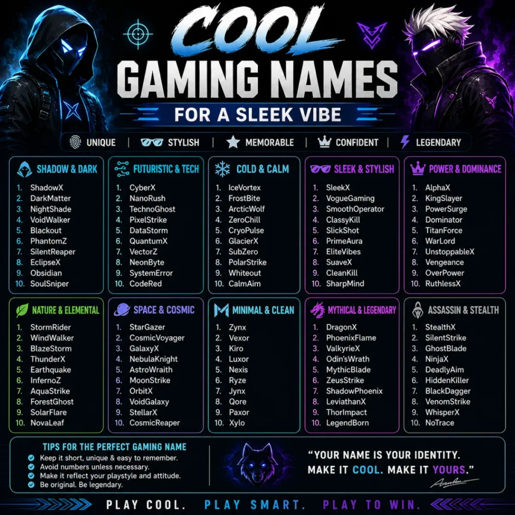 Cool gaming names infographic with sleek, stylish, and futuristic gamer name ideas for modern players