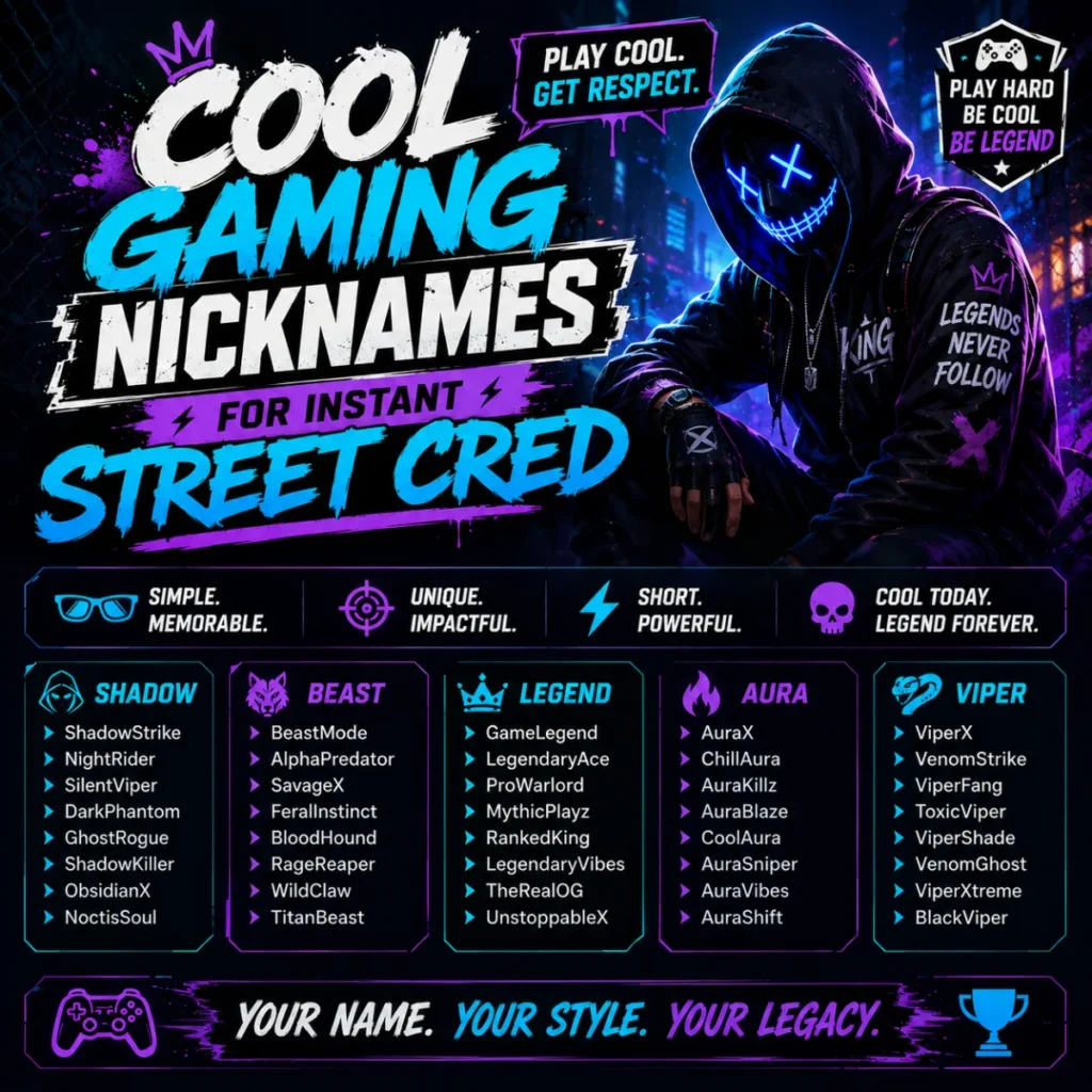 Cool gaming nicknames for instant street cred featuring stylish, legendary, and unique gamer name ideas