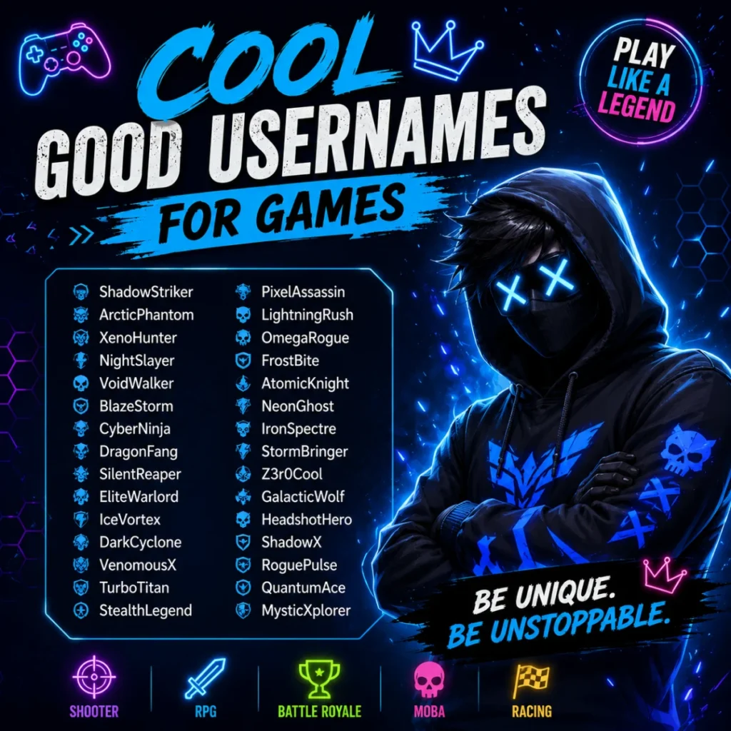 Cool good usernames for games with a neon gamer avatar and stylish gaming name ideas for every player