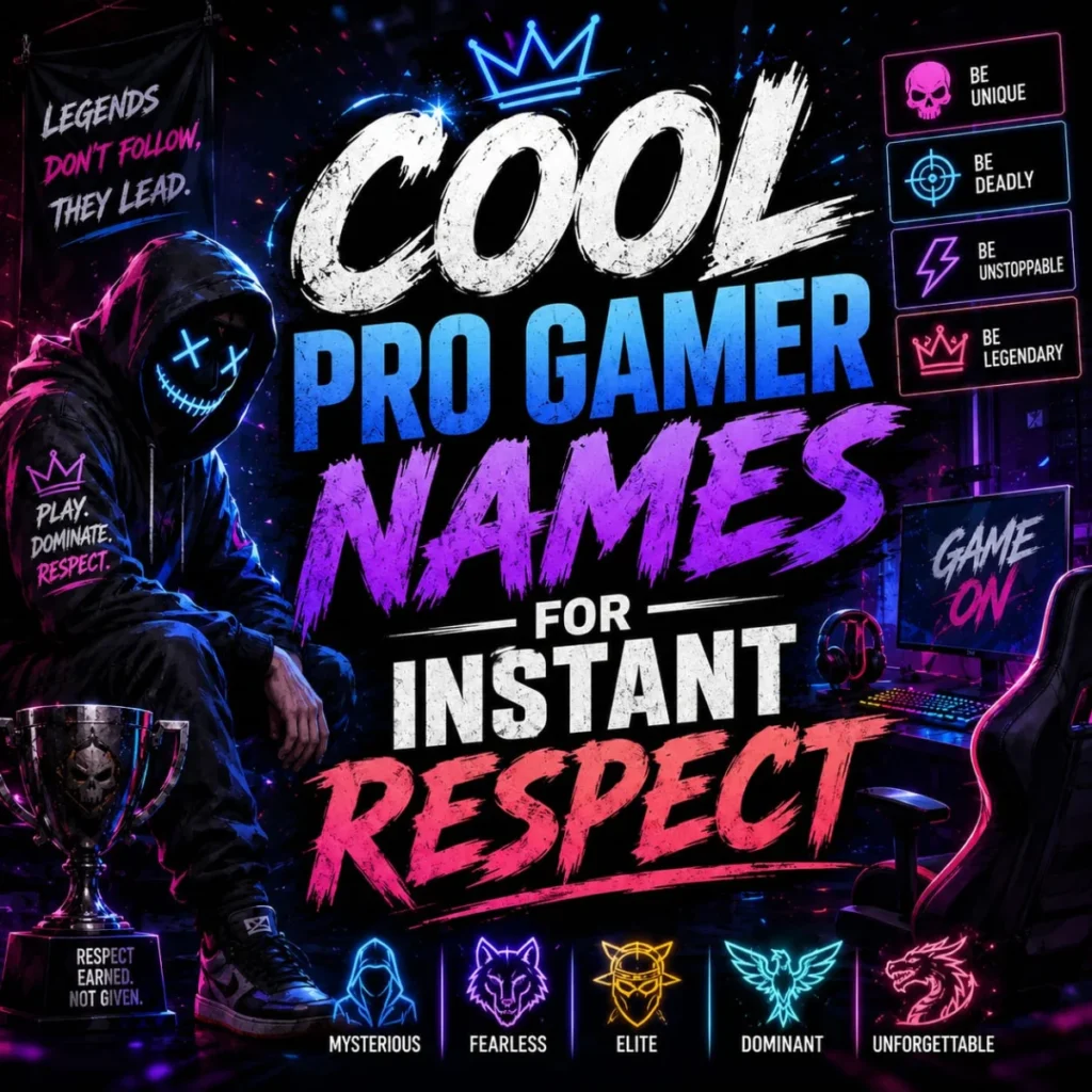 Cool pro gamer names for instant respect with a neon masked gamer, trophy, and futuristic esports gaming setup