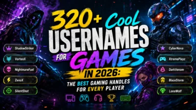 Futuristic gaming banner featuring cool usernames for games in 2026 with neon cyberpunk characters and gamer tags