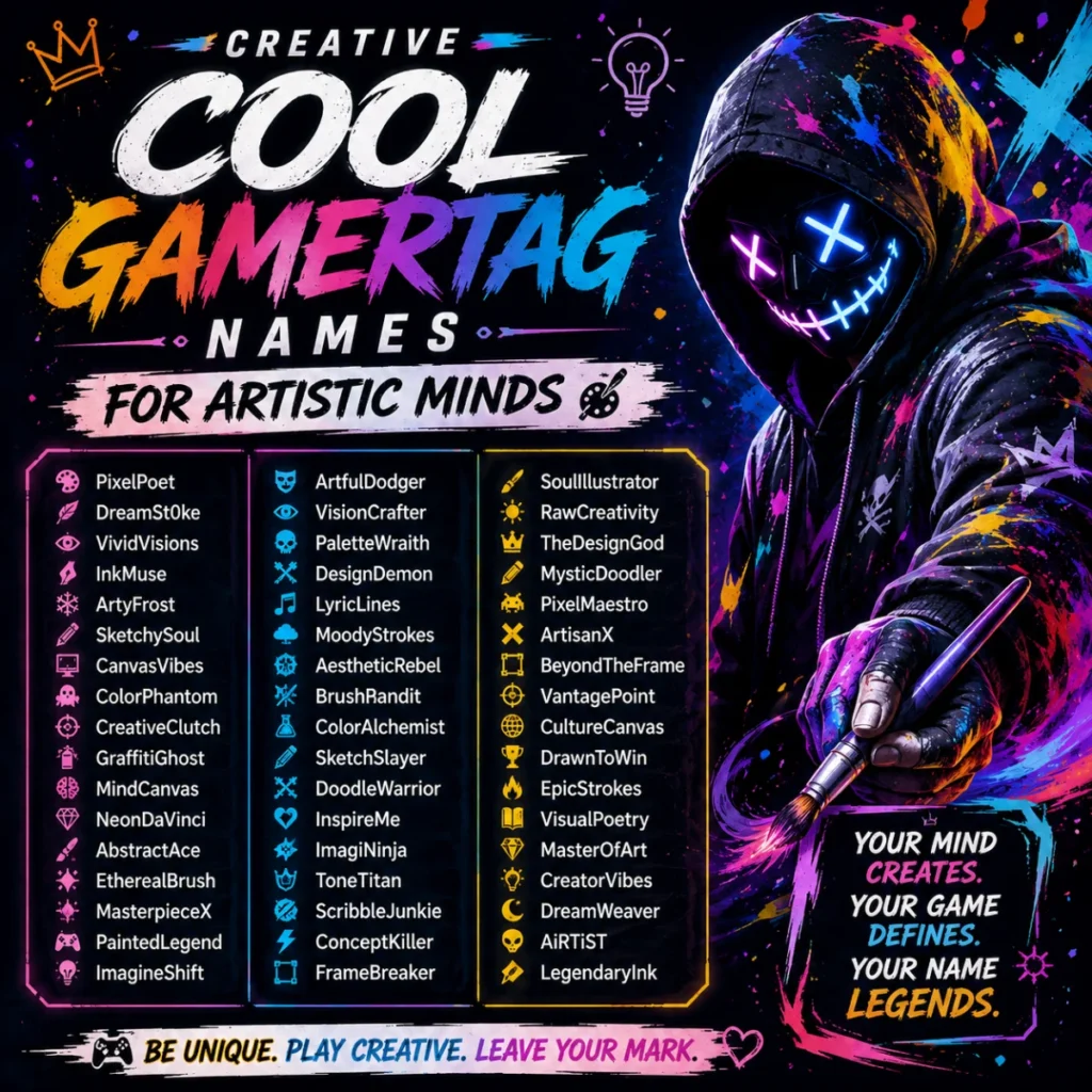 Creative cool gamertag names for artistic minds with a neon masked gamer, paint splashes, and colorful gaming artwork