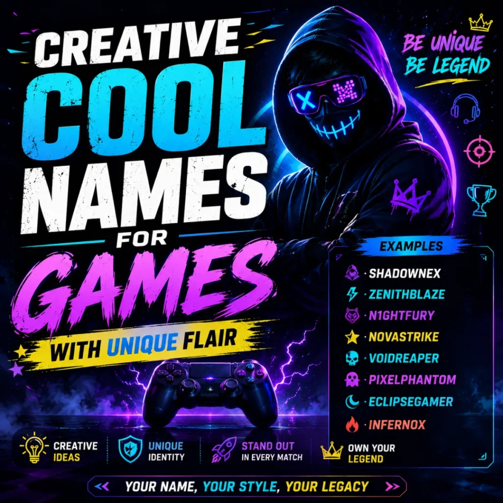 Creative cool names for games with unique flair featuring neon gamer, gaming controller, and stylish username ideas