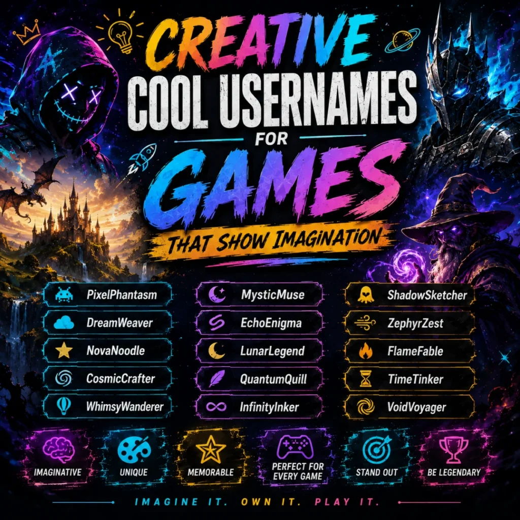 Creative cool usernames for games with fantasy-inspired gamer tags, neon effects, and imaginative gaming characters