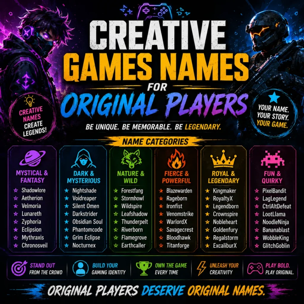 Creative game names graphic with original gamer name ideas, neon visuals, and unique identity themes for players