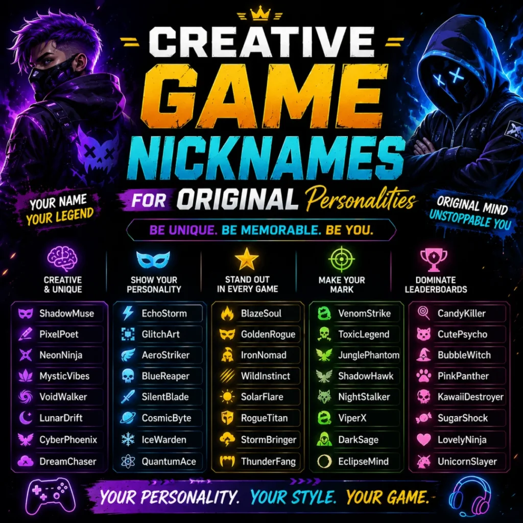 Creative game nicknames for original personalities with neon gamer characters and unique username ideas