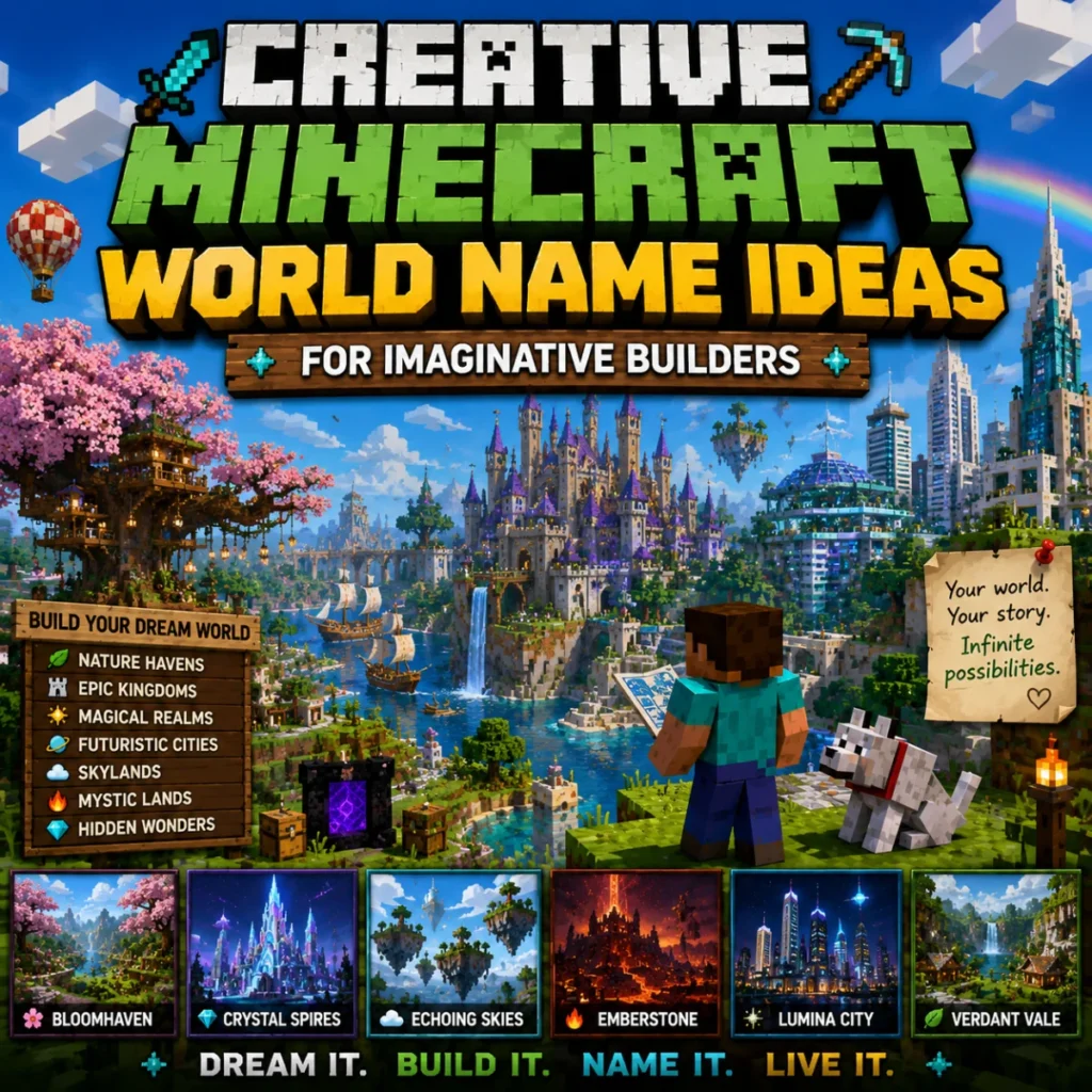 Creative Minecraft world name ideas image featuring fantasy castles, floating islands, futuristic cities, and epic builds.