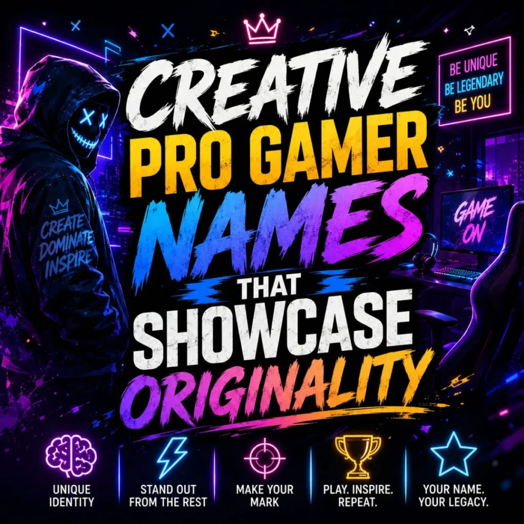 Creative pro gamer names that showcase originality with a neon cyberpunk gamer and vibrant esports-inspired design