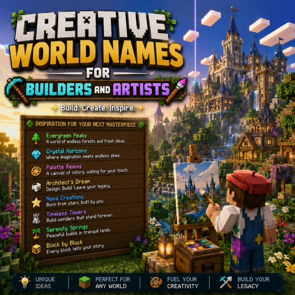 Creative Minecraft world names for builders and artists featuring a castle landscape, painting scene, and inspiration board