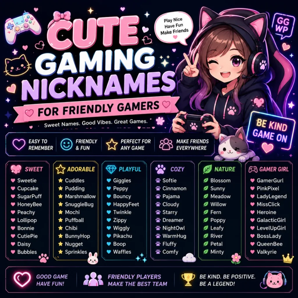 Cute gaming nicknames for friendly gamers featuring adorable, playful, and fun gamer name ideas