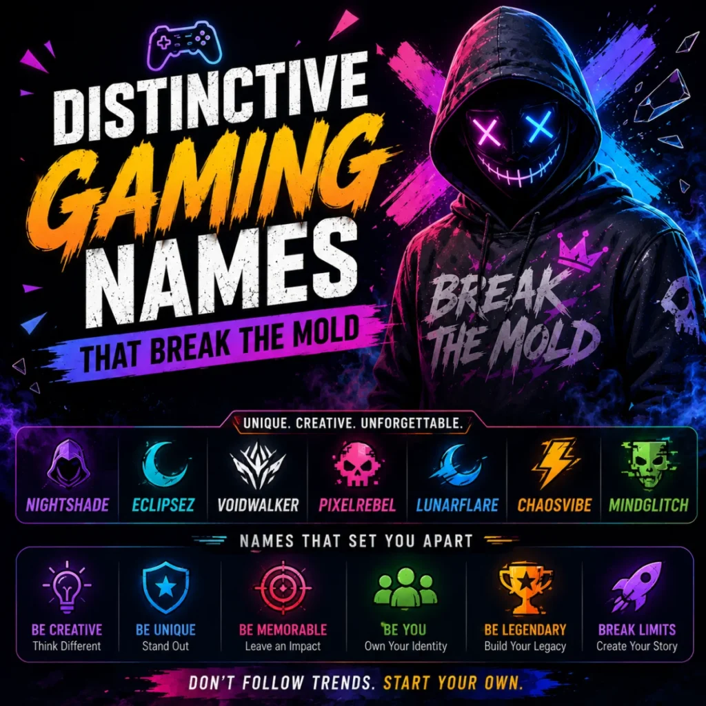 Distinctive gaming names poster with neon gamer character and unique username ideas for players who stand out.