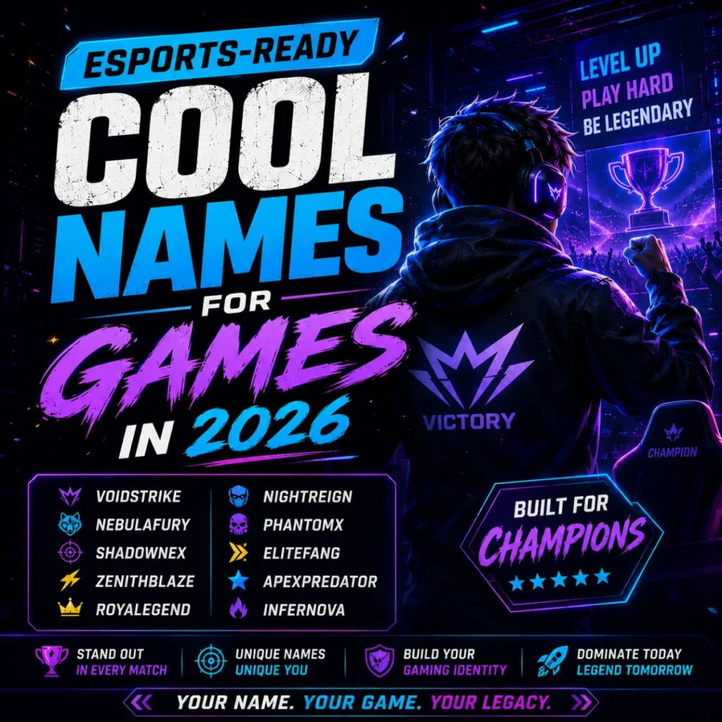 Esports-ready cool names for games in 2026 with futuristic gamer, neon esports theme, and pro gaming identities