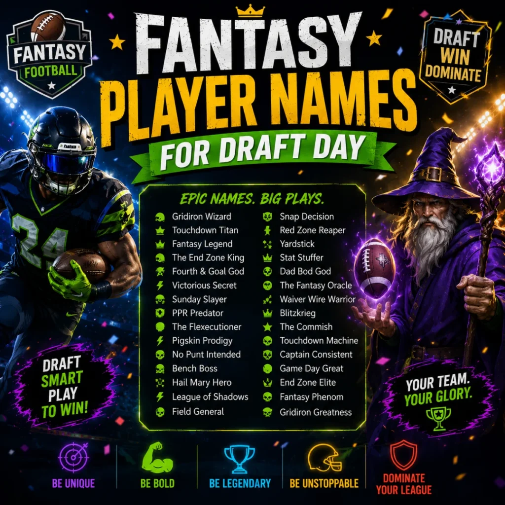 Fantasy player names for draft day with football-themed name ideas, bold graphics, and a fantasy sports draft design