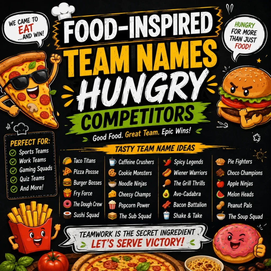Food-inspired team names graphic with pizza, burger, fries, and fun squad name ideas for competitive teams