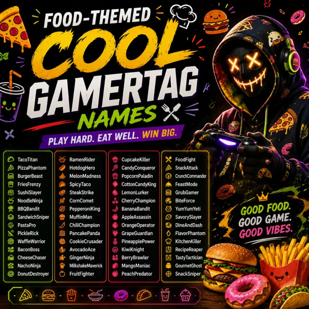 Food-themed cool gamertag names with a neon gamer, burgers, pizza, donuts, and fun gaming-inspired username ideas