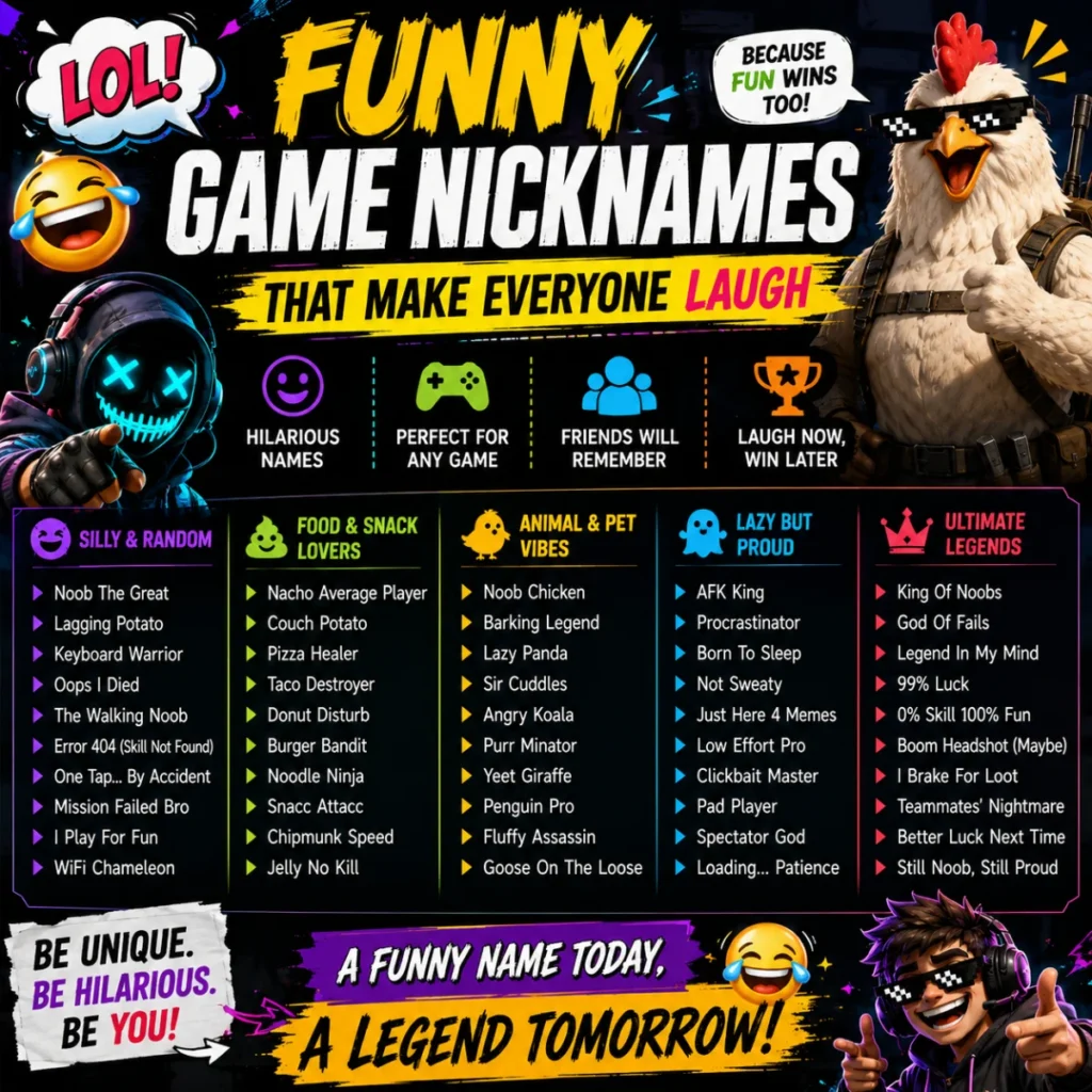 Funny game nicknames that make everyone laugh with humorous gamer name ideas and colorful gaming characters