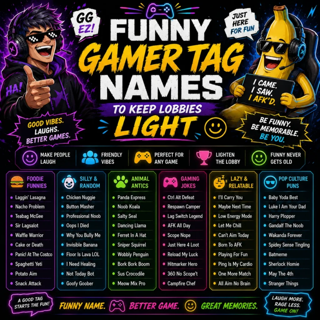 Funny gamer tag names to keep lobbies light with humorous gaming usernames, neon characters, and comedy-inspired tags