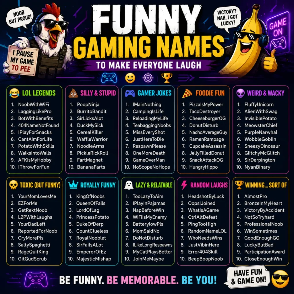 Funny gaming names infographic with hilarious gamer tags and playful categories to make everyone laugh