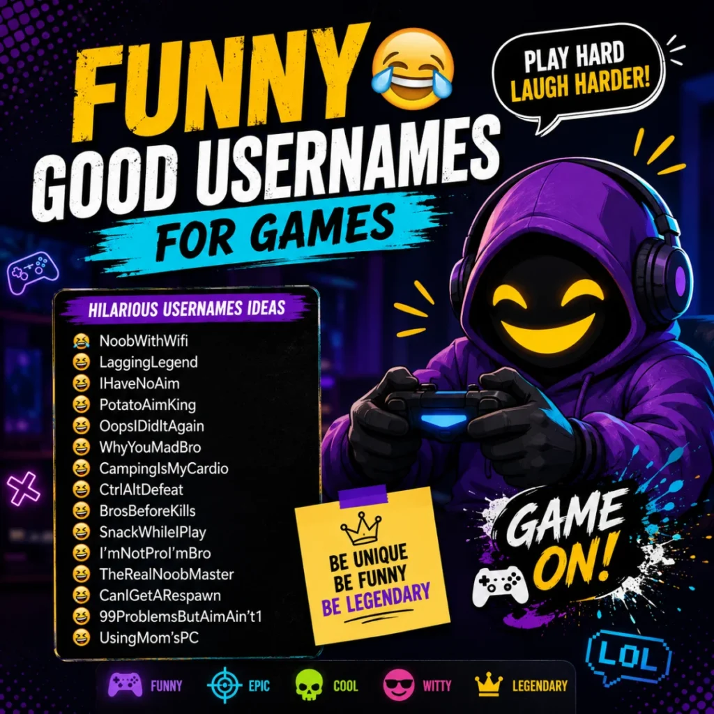 Funny good usernames for games with a smiling gamer mascot and hilarious gaming name ideas for every player