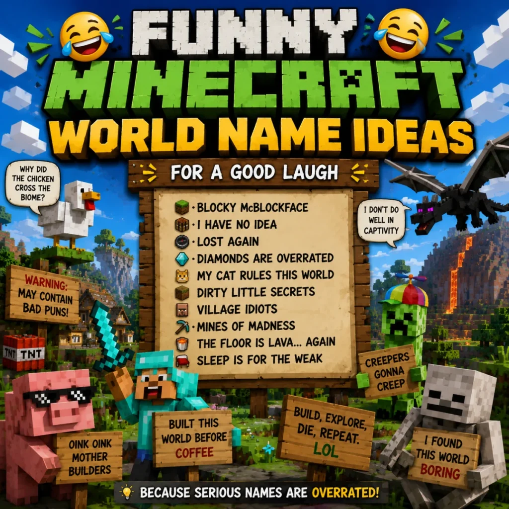 Funny Minecraft world name ideas image with humorous signs, mobs, jokes, and creative world names for players.