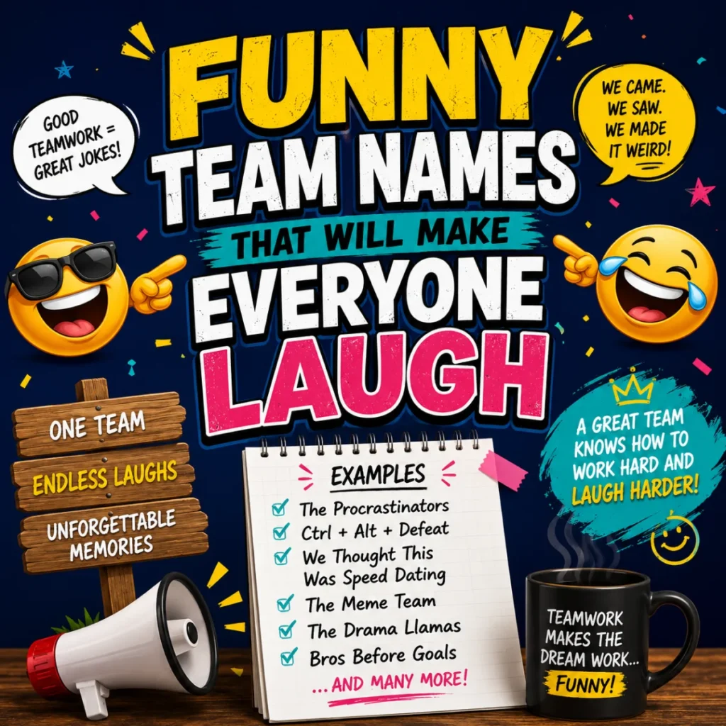 Funny team names graphic with playful emojis, humorous examples, and creative squad name ideas that make everyone laugh